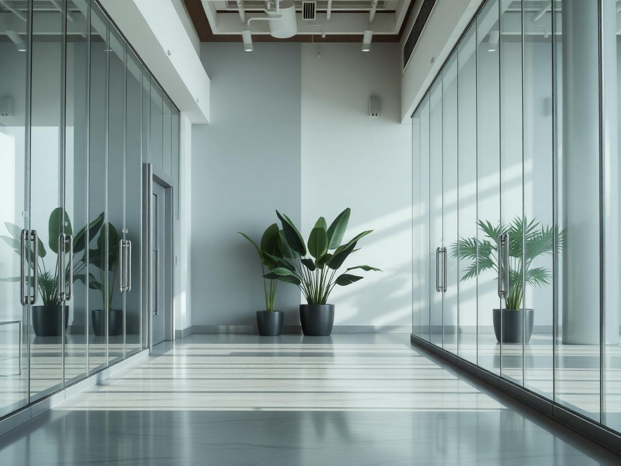 Bright commercial lobby with polished floors and glass partitions