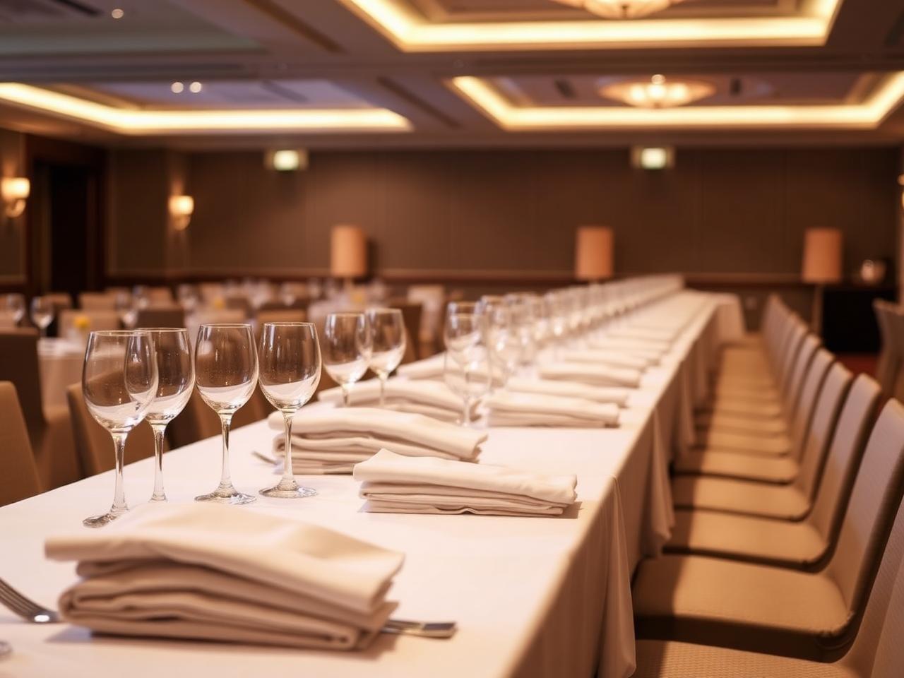 Banquet table set with linens and glassware ready for an event