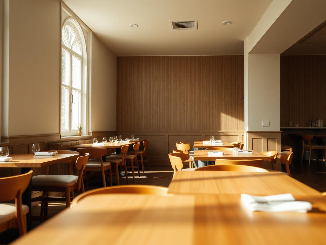 Sunlit restaurant dining room with neatly set tables